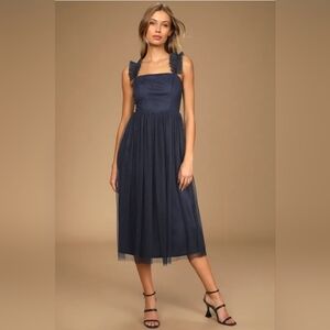 Lulus Divine Invitation Navy Blue Tulle Swiss Dot Ruffled Midi Dress